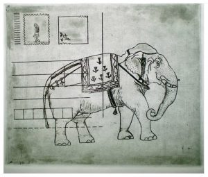 elephant-postcard;
Pen and ink wash drawing;
Postcard size