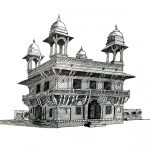 Monument rendering in pen; Fatehpur Sikri – Diwan-E-Khas