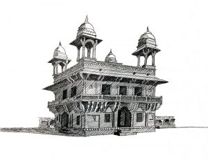 Monument rendering in pen; Fatehpur Sikri – Diwan-E-Khas