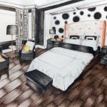 Bedroom rendering in pencil colour. Interior in perspective