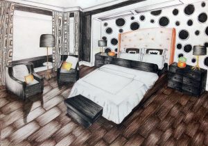 Bedroom rendering in pencil colour. Interior in perspective