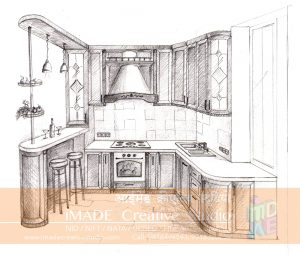 NATA drawing solution. Kitchen drawing in One point perspective.