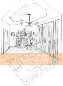 NATA solution of drawings. Study room in 2 point perspective